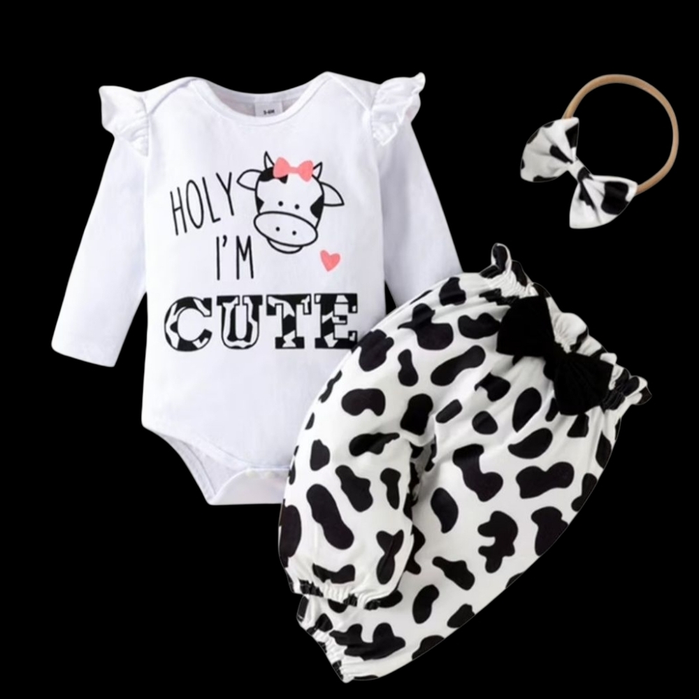 PatPat 3 PC Cow Spotted Infant Girls Outfit W/Headband Holy Cow I'm Cute 12-18m